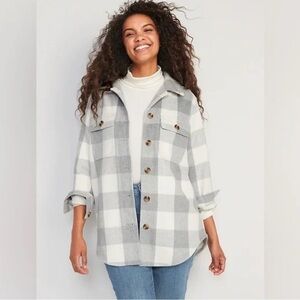 Old Navy Shacket Cream Gray Plaid Utility Jacket Oversized Size L